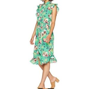 Ralph Lauren Green Crepe Floral Ruffle Trim Dress Size 14